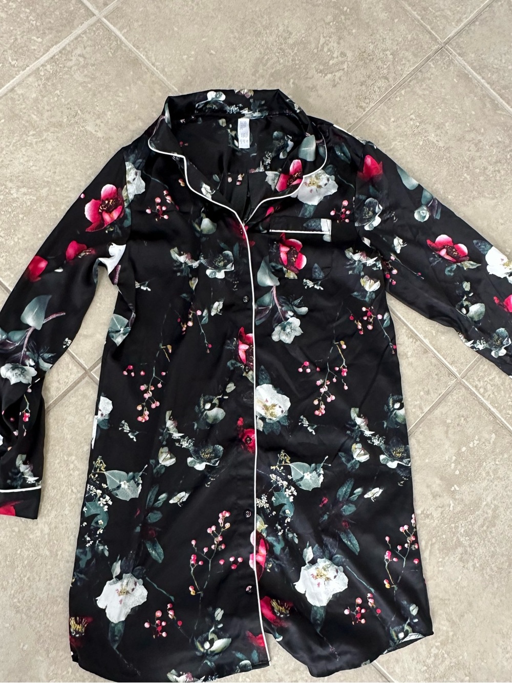 Black Floral Satin Long Sleeve pajama nightgown